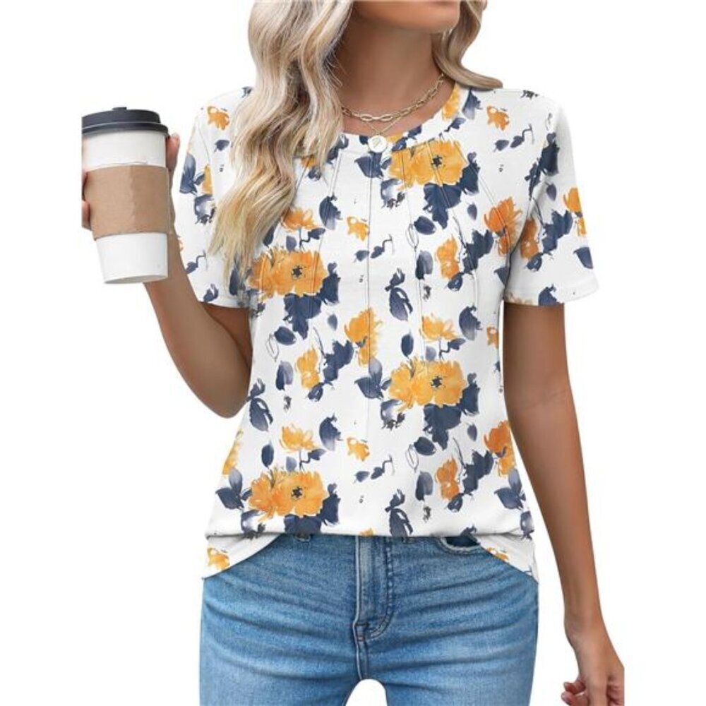 Women's Casual Crew Neck Short Sleeve Pleated Top Blouse Fashion